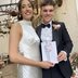 Beautiful bride and groom with illustration created at their wedding, by Zoe Parker Illustration