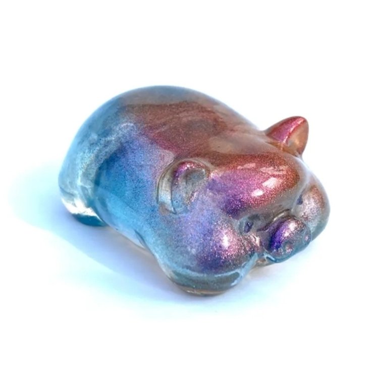 Iridescent blue and blush little resin pig