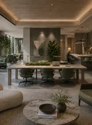 A biophilic workspace combining natural materials, layered lighting and acoustic comfort to support focus, creativity and performance.