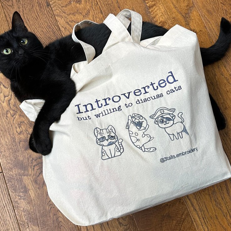 Introverted but willing to discuss cats - Embroidered tote bag