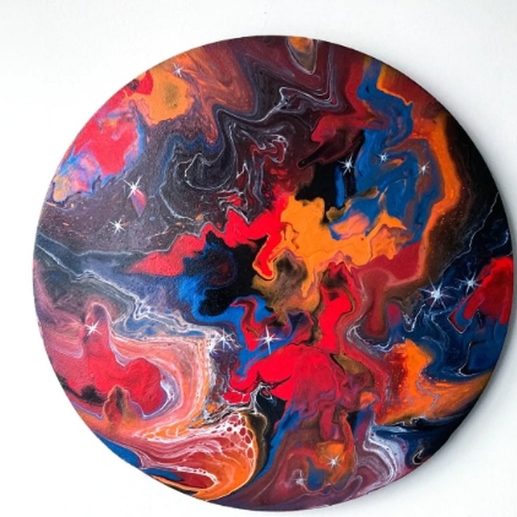 83. Round red blue-black orange black white abstract fluid artwork