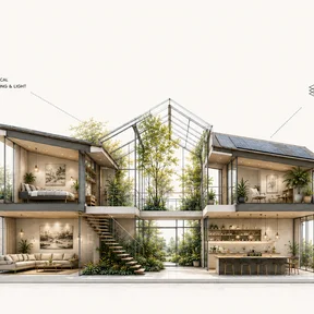A Basecamp Biome concept integrating architecture, natural light, ventilation, planting and regenerative living into a healthier home environment.