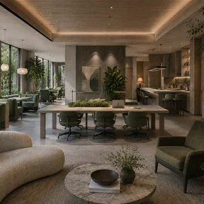 A biophilic workspace combining natural materials, layered lighting and acoustic comfort to support focus, creativity and performance.