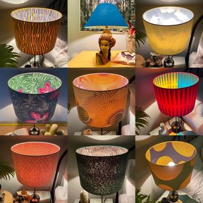 A selection of my limited edition hidden shades which have a plain fabric on the outside and a patterned fabric on the inside which shows through when illuminated